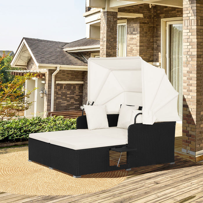Rattan Daybed with Retractable Canopy, Cushions & Side Trays