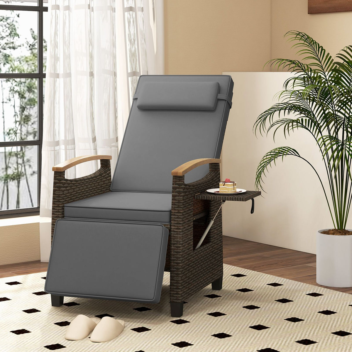 Patio Rattan Recliner Chair with Adjustable Backrest, Footrest & Flip Side Table
