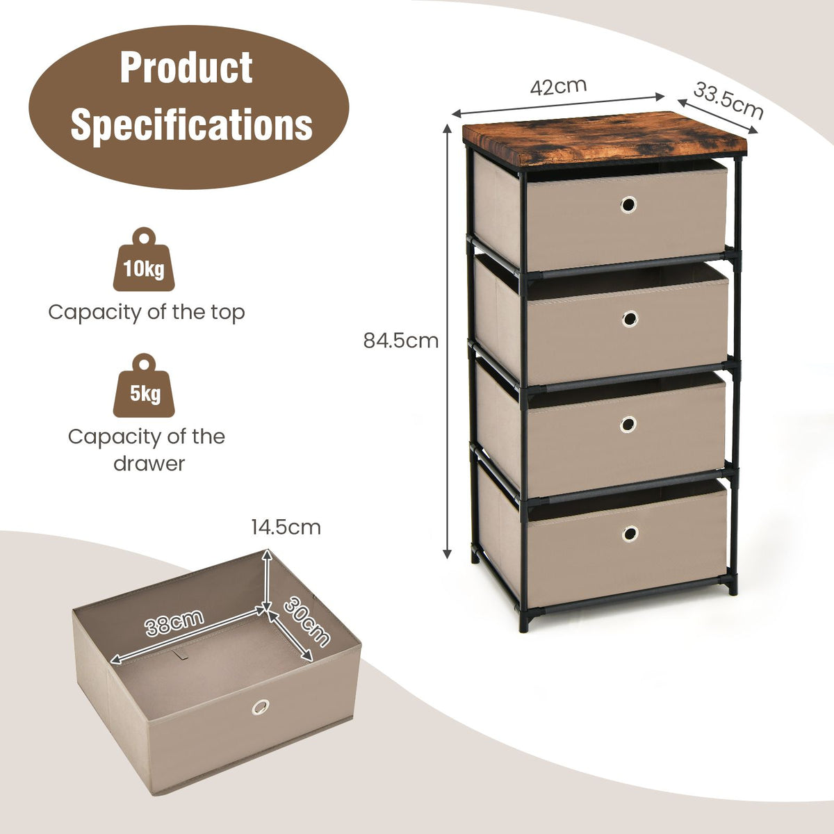 4-Tier Fabric Dresser with Drawers and Metal Frame