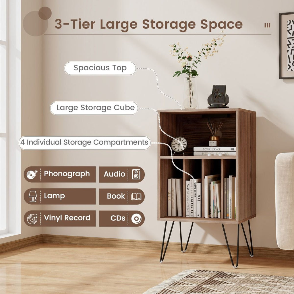 3-Tier Record Player Stand with Charging Station Shelf and 4 Dividers