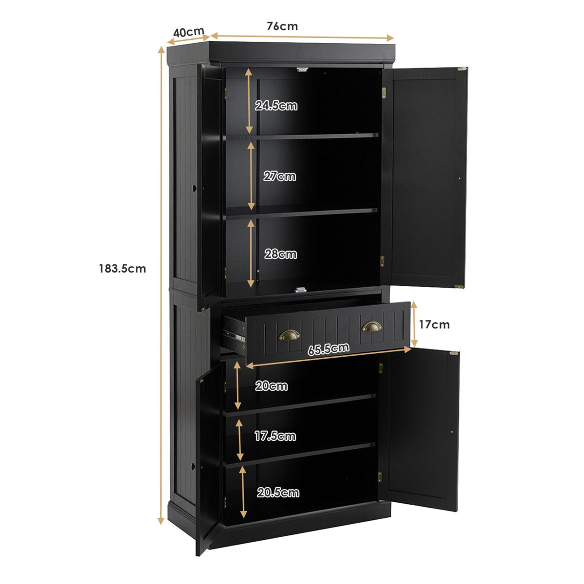 4-Door Tall Kitchen Cupboard Adjustable Shelves and Drawer