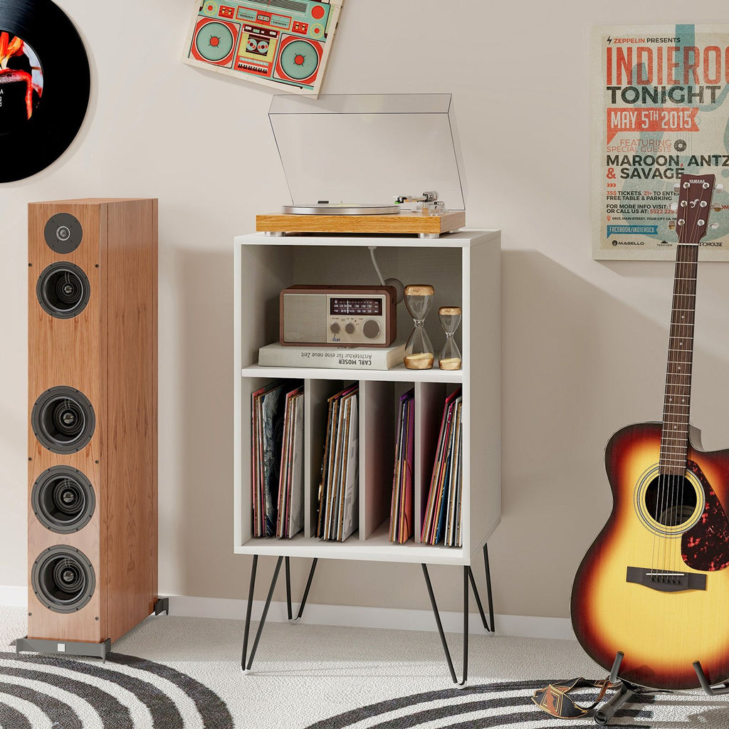 3-Tier Record Player Stand with Charging Station Shelf and 4 Dividers