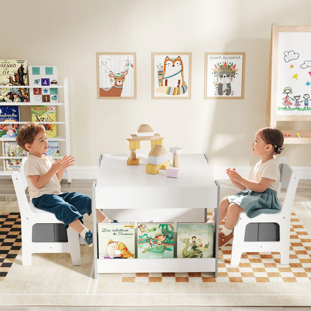 4 in 1 Kids Table and Chairs Set with Reversible Tabletop and Bookshelves