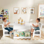 4 in 1 Kids Table and Chairs Set with Reversible Tabletop and Bookshelves