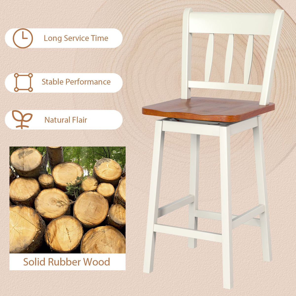 Set of 2 97Cm Swivel Rubber Wood Bar Stools with Backrest and Footrest
