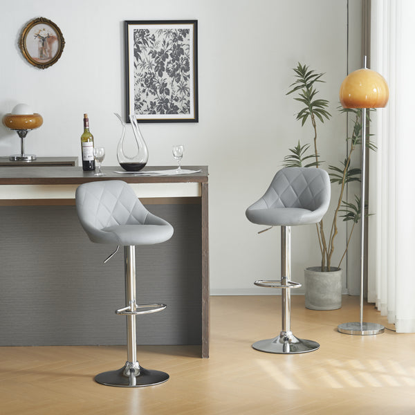 Adjustable PU Leather Counter & Bar Stool Set of 2 – Swivel 360°, Gas‑lift Height, Backrest, Foot‑rest – Grey