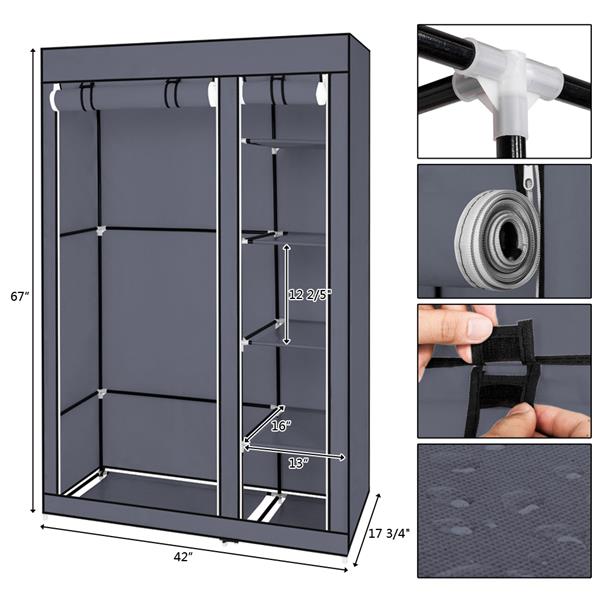 67" Portable Clothes Wardrobe – Fabric Closet with Hanging Rod (Grey)