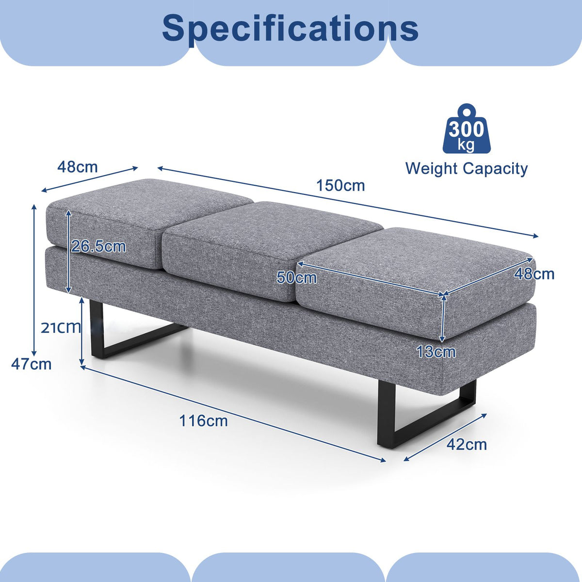 Waiting Room Bench Seating with 3 Seats and Metal Frame Leg