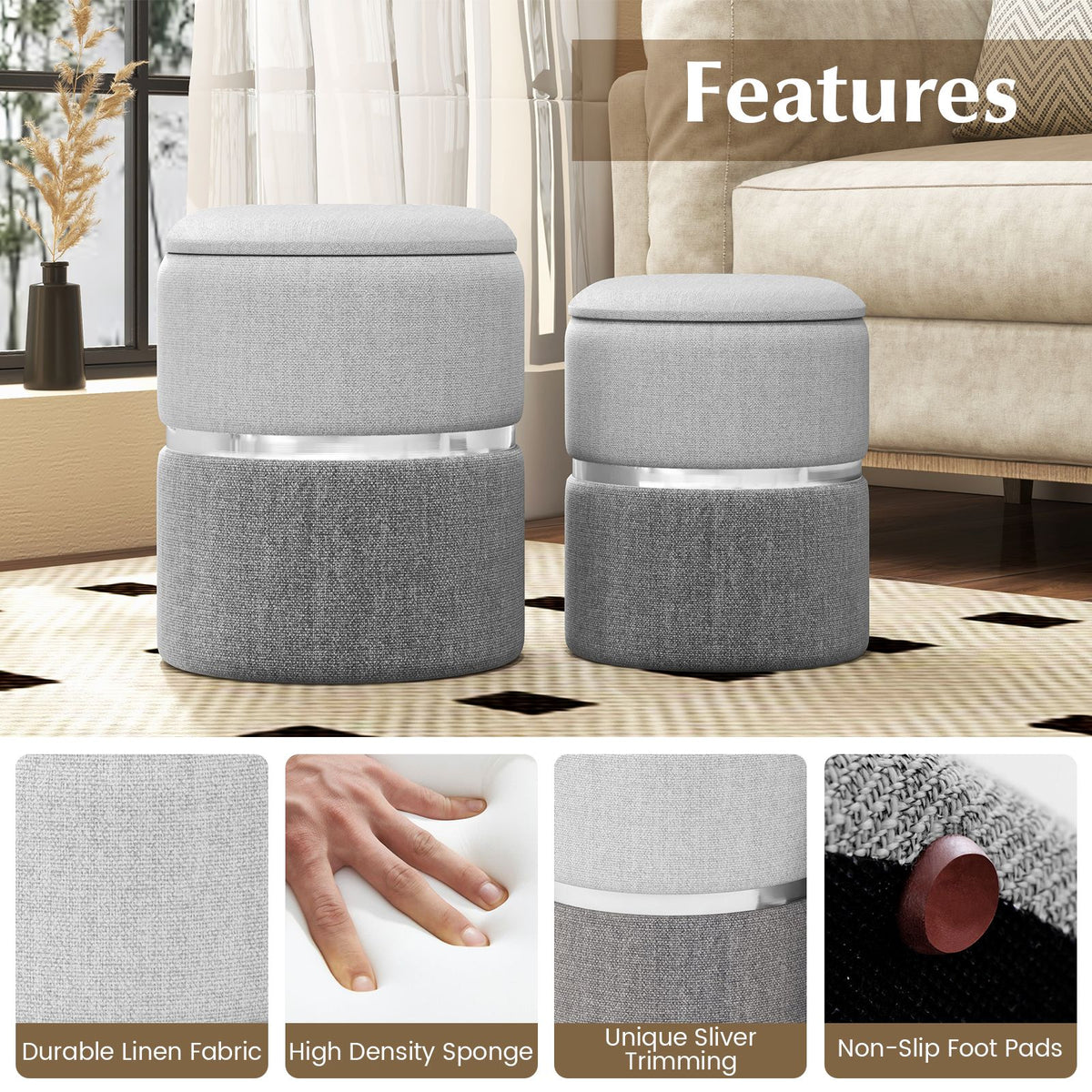 Modern round Linen Fabric Storage Ottoman Set of 2