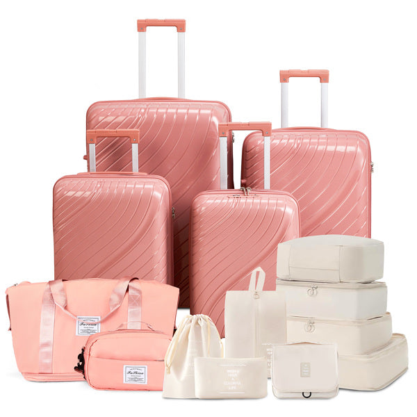 4-Piece Luggage Set with Handbags & Toiletry Kit – Durable Hard Shell Suitcases 18"/20"/24"/28" with Spinner Wheels, Travel Tote & Wash Bag – Pink