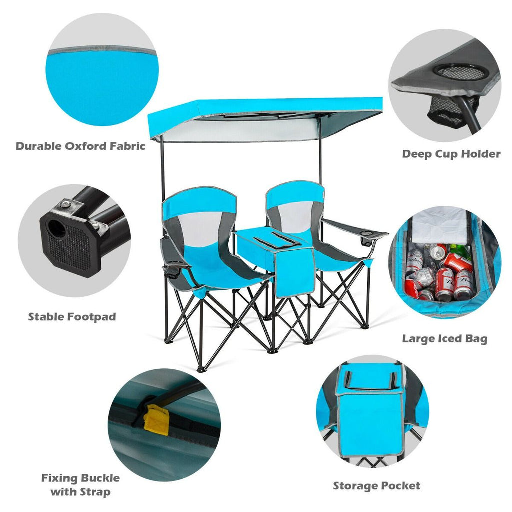Double Folding Camping Chair with Canopy and Armrests