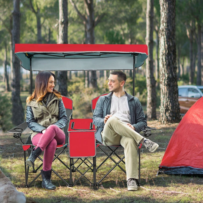 Double Folding Camping Chair with Canopy and Armrests