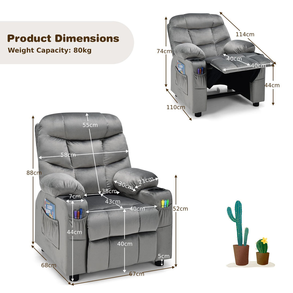 SEDOL Deluxe Larger Kids Recliner Armchair with Dual Cup Holders and Storage Pockets Premium Velvet Children’s Lounge Chair with 130° Adjustable Backrest & Pine Wood Frame