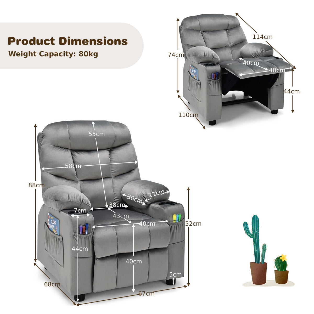 SEDOL Deluxe Larger Kids Recliner Armchair with Dual Cup Holders and Storage Pockets Premium Velvet Children’s Lounge Chair with 130° Adjustable Backrest & Pine Wood Frame