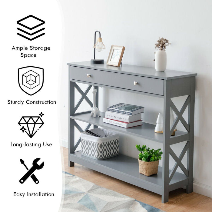 3-Tier Console Table with 1 Drawer and 2 Storage Shelves