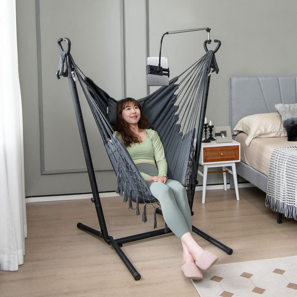Hammock Chair with Stand – Adjustable Height, Phone Holder & Boho Tassels
