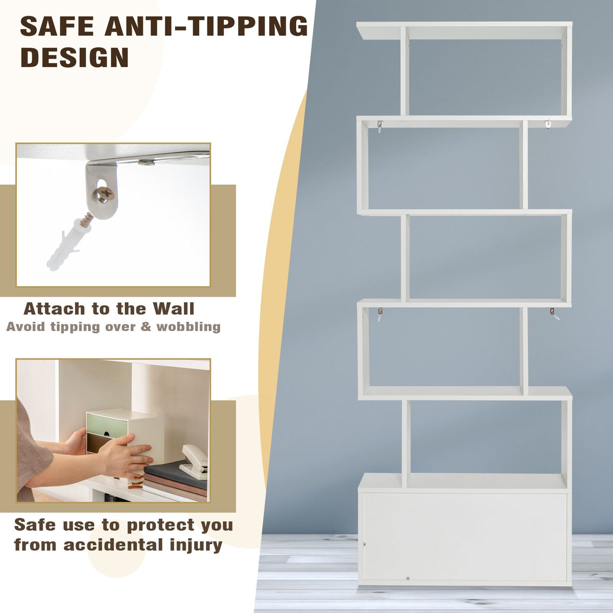 Industrial S-Shaped 5-Tier Bookcase with Cabinet