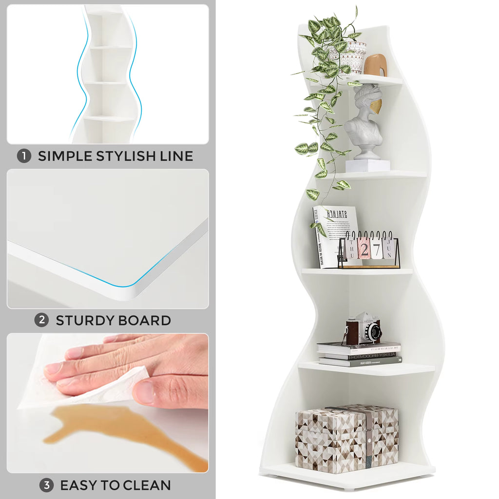 SEDOL Corner Shelf 5-Tier Modern Wall Bookshelf Stylish Tall Corner Storage Rack Small White Bookcase Plant Stand for Living Room Bedroom Office Space Saving