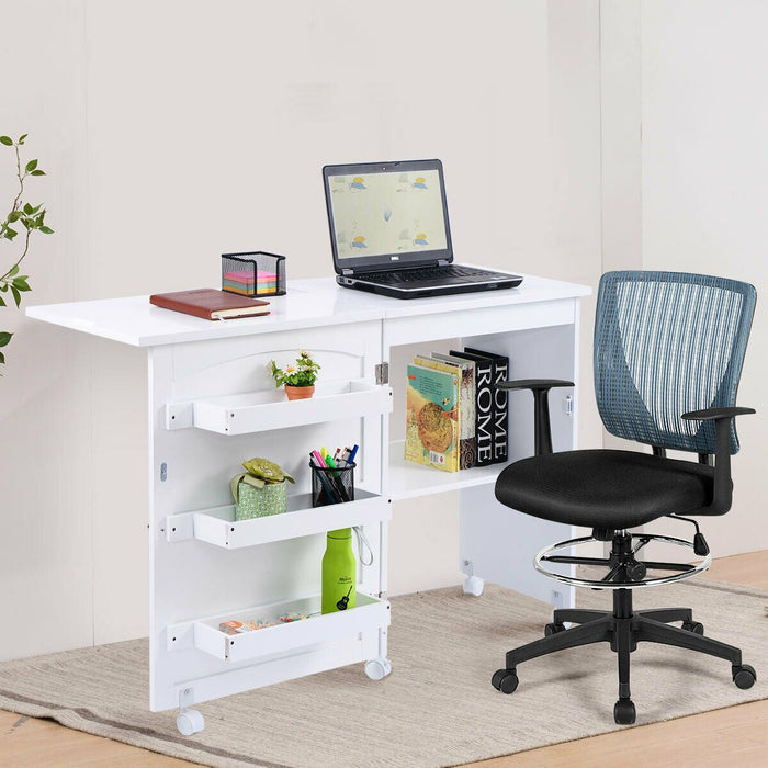 Folding Sewing Table with Storage Shelves and Lockable Casters