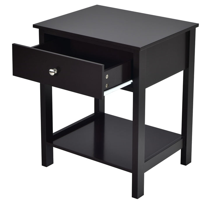 2 Pieces Wooden Nightstand with Drawer and Storage Shelf