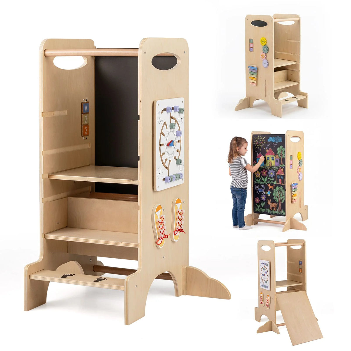 SEDOL 4-in-1 Montessori "Discovery Center" Learning Tower — Convertible Kitchen Helper Stool with Integrated Slide, High Chair, and 6-Feature Sensory Activity Station