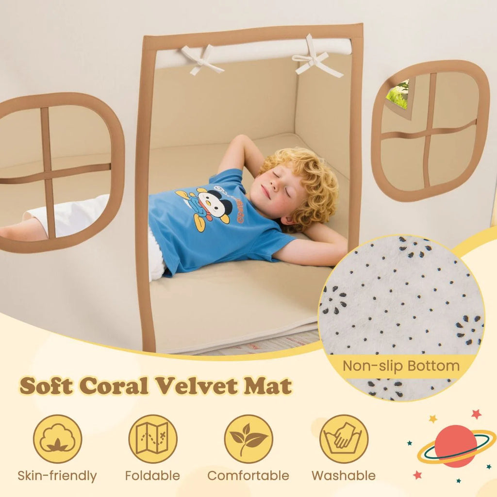 SEDOL Large Indoor Kids Playhouse with Plush Coral Velvet Mat and LED Star Lights Breathable Cotton-Blend Play Tent with Storage Pockets for Reading and Napping