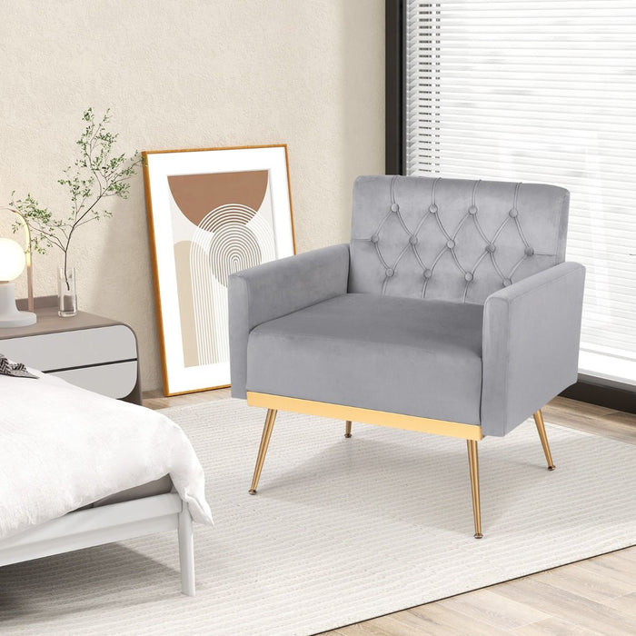 Modern Velvet Accent Chair with Button Tufted Back and Golden Metal Legs