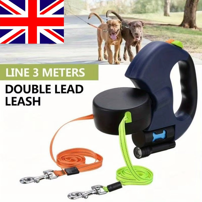 SEDOL 360° Dual Retractable Dog Leash – 3M Swivel Anti-Tangle Extendable Lead with LED Light & Lock for Walking 2 Dogs, Heavy Duty Double Pet Leash