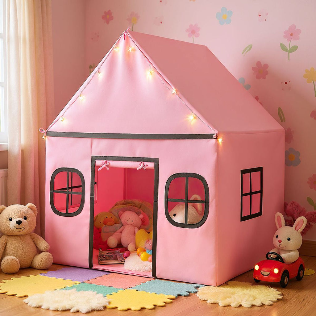 SEDOL Large Indoor Kids Playhouse with Plush Coral Velvet Mat and LED Star Lights Breathable Cotton-Blend Play Tent with Storage Pockets for Reading and Napping
