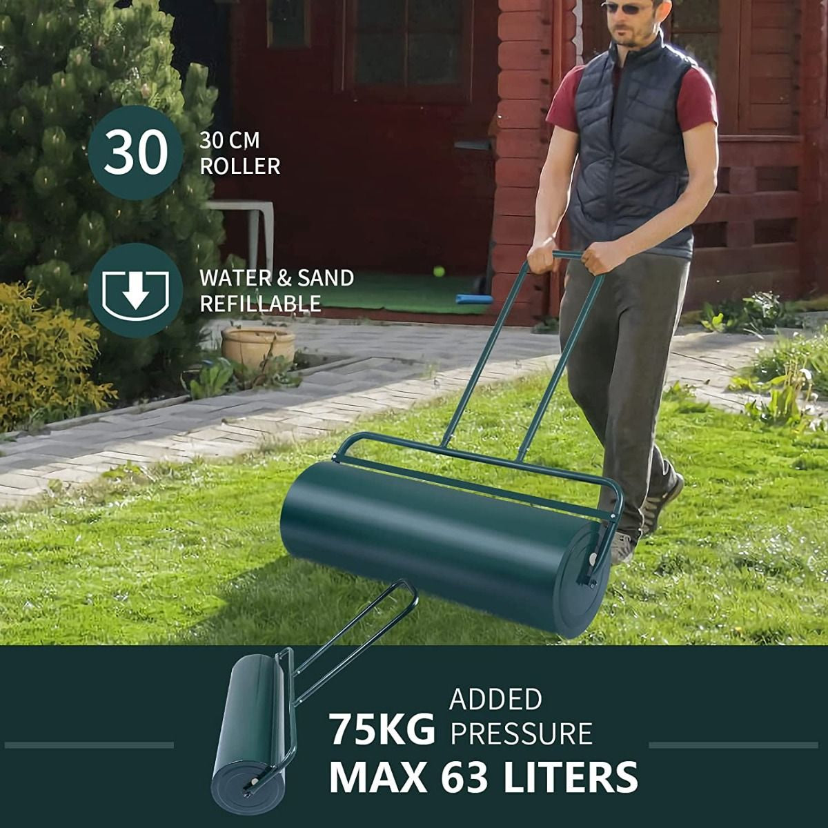 63 L Heavy-Duty Lawn Roller – Steel Garden Grass Roller with U‑Handle & Drain Plug