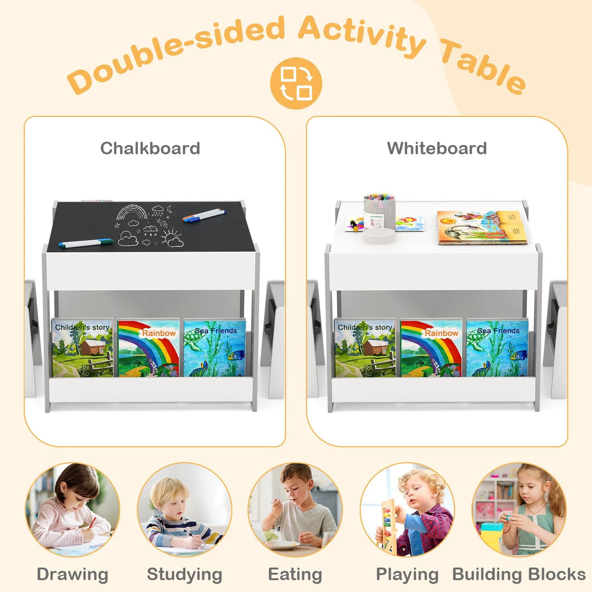 4 in 1 Kids Table and Chairs Set with Reversible Tabletop and Bookshelves