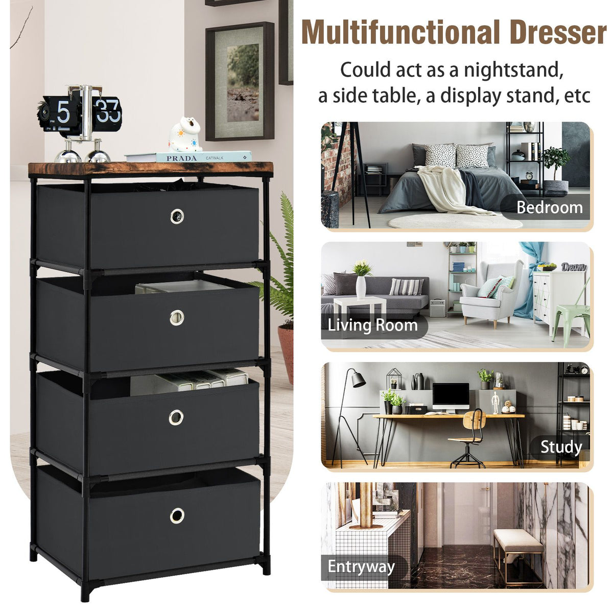 4-Tier Fabric Dresser with Drawers and Metal Frame