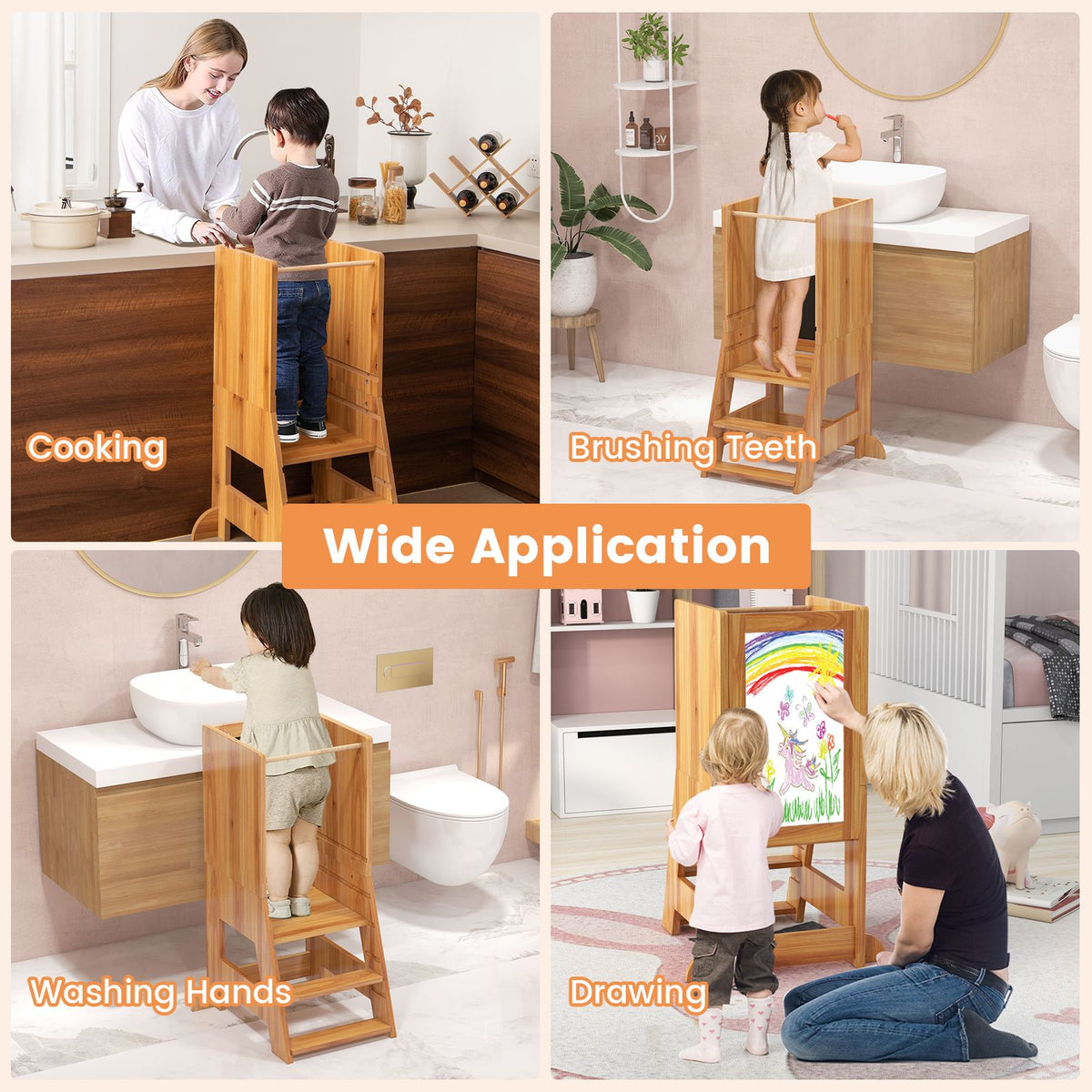 SEDOL 3-in-1 Montessori Learning Tower with Double-Sided Chalkboard & Whiteboard – Height-Adjustable Kitchen Helper Stool with Safety Rails and Anti-Tip Base