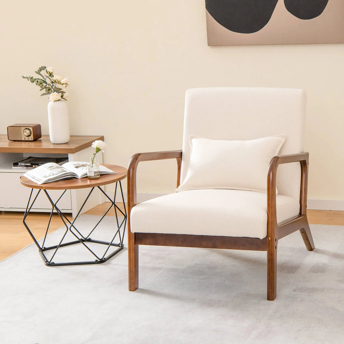 Modern Accent Chair with Lumbar Pillow and Rubber Wood Frame