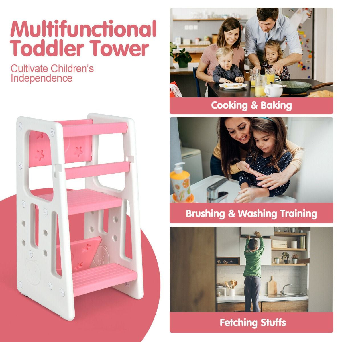 SEDOL 2-in-1 Convertible Toddler Learning Tower & High-Step Stool 3-Level Adjustable Height Kitchen Helper with Double Safety Rails and Anti-Slip EVA Pads – 65kg Capacity