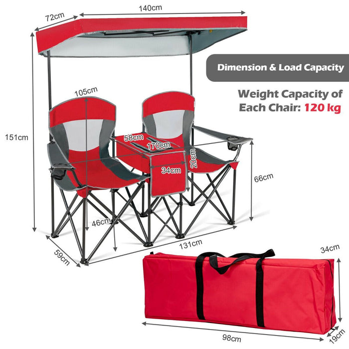 Double Folding Camping Chair with Canopy and Armrests