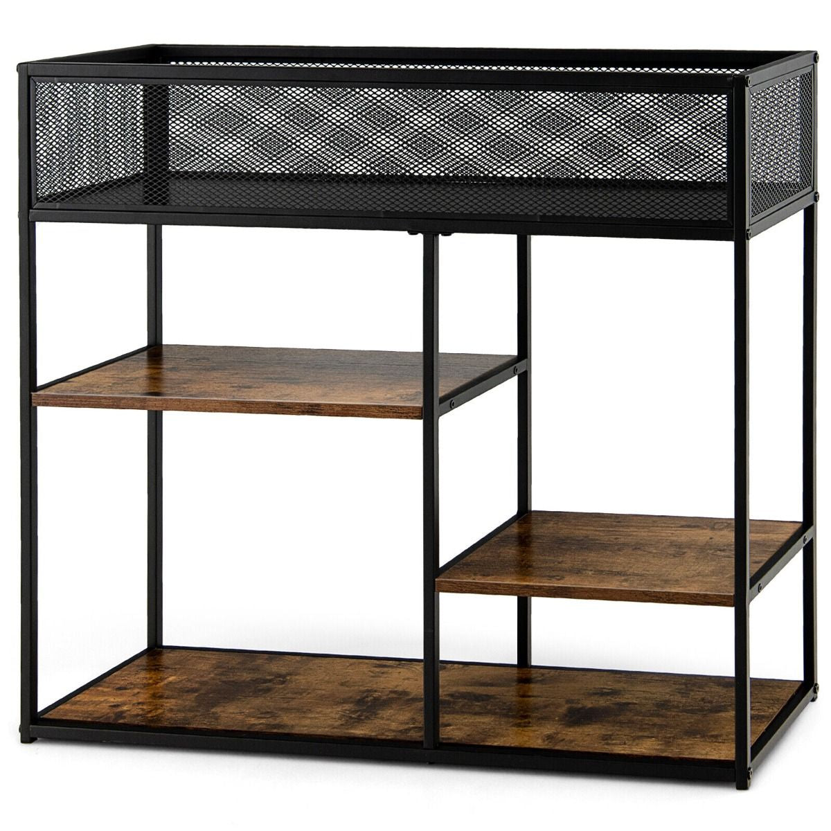 4-Tier Console Table with Wire Basket and Storage Shelves