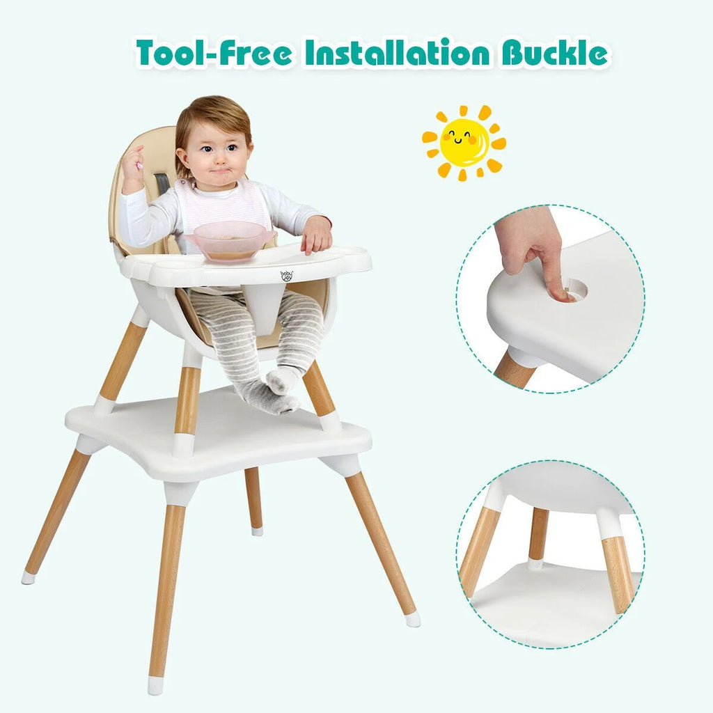 SEDOL 4-in-1 Mid-Century Modern Baby High Chair & Integrated Play Table Set with Solid Beech Legs 5-Point Safety Harness and Adjustable 4-Position Tray