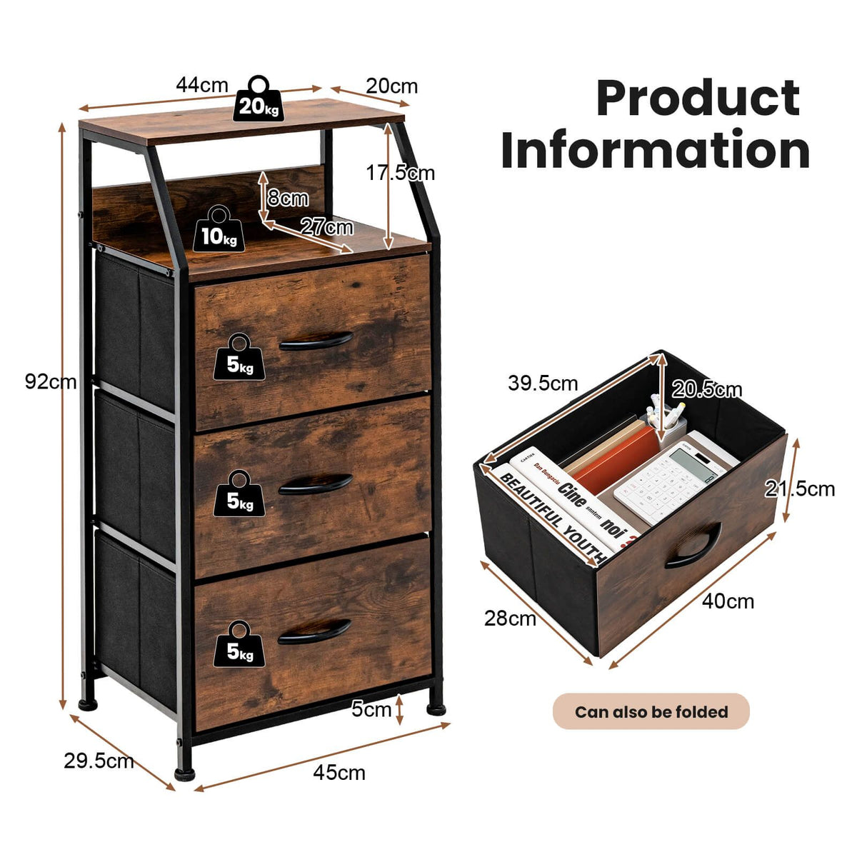 3 Drawer Organizer Unit with Wooden Top and Front