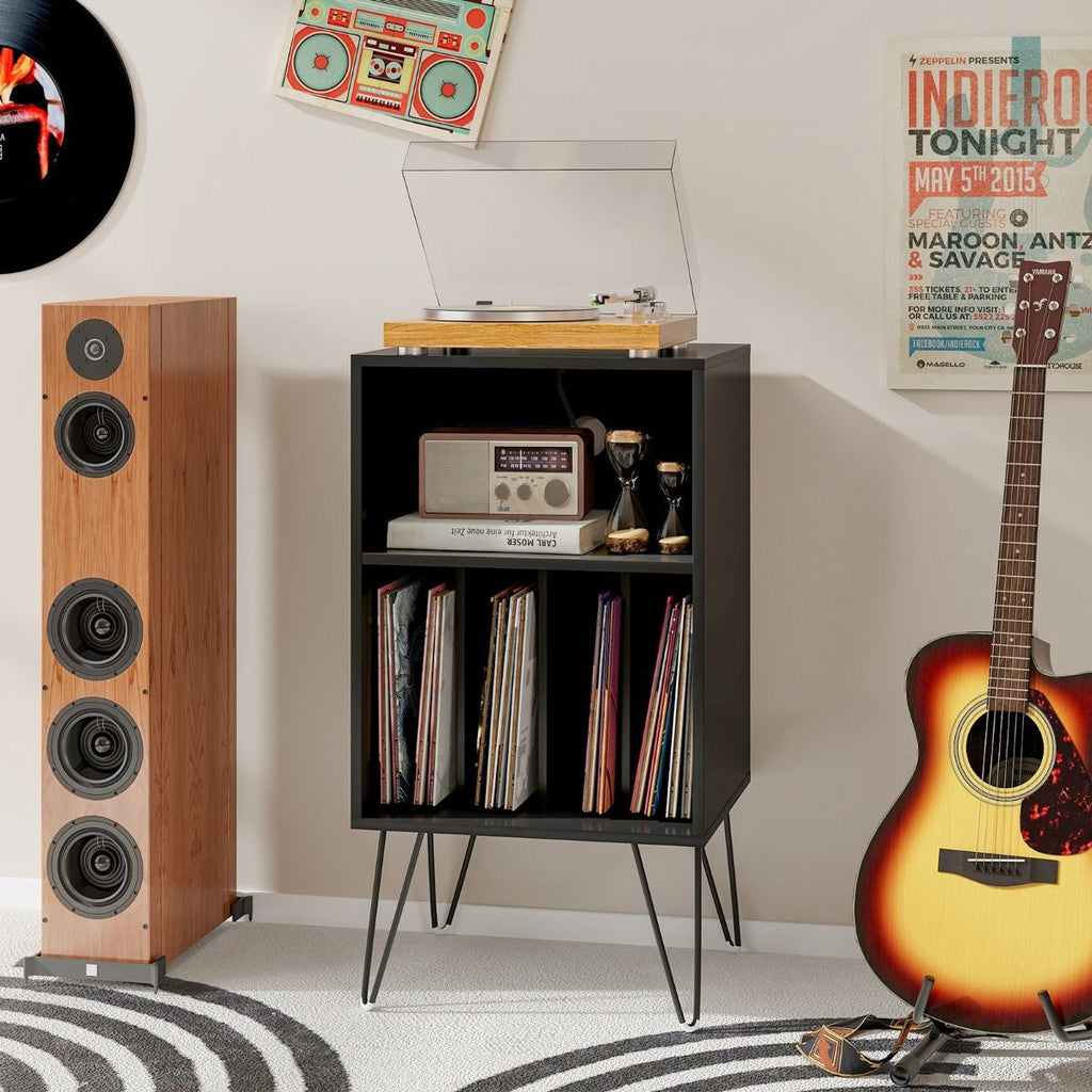 3-Tier Record Player Stand with Charging Station Shelf and 4 Dividers