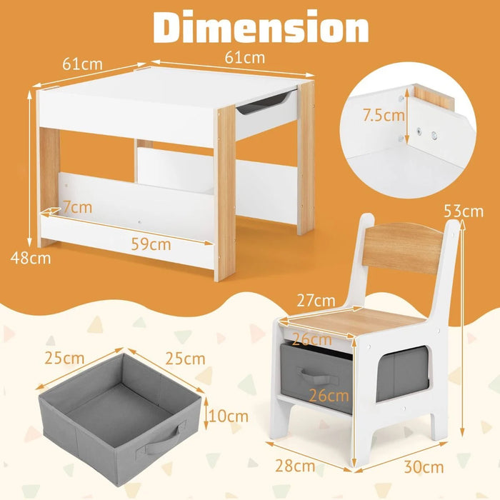 4 in 1 Kids Table and Chairs Set with Reversible Tabletop and Bookshelves