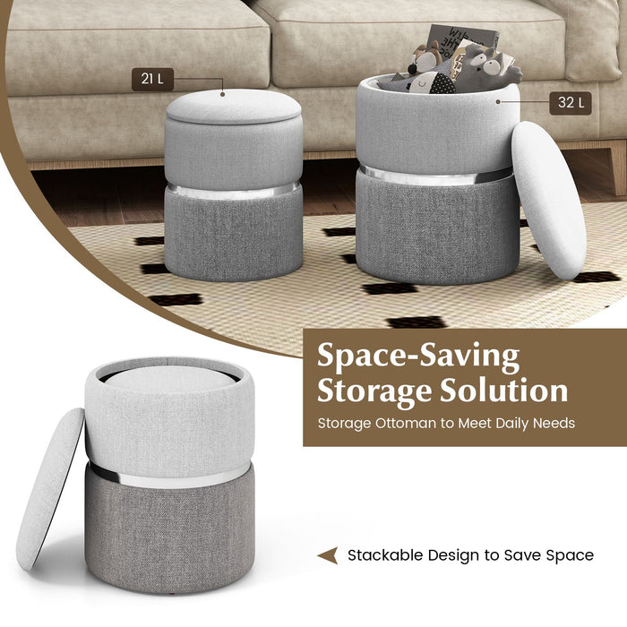 Modern round Linen Fabric Storage Ottoman Set of 2