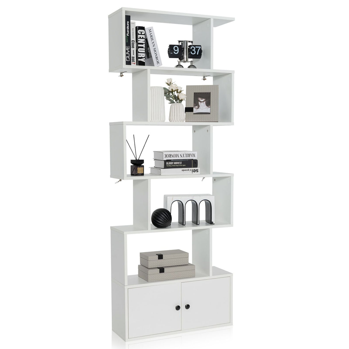 Industrial S-Shaped 5-Tier Bookcase with Cabinet