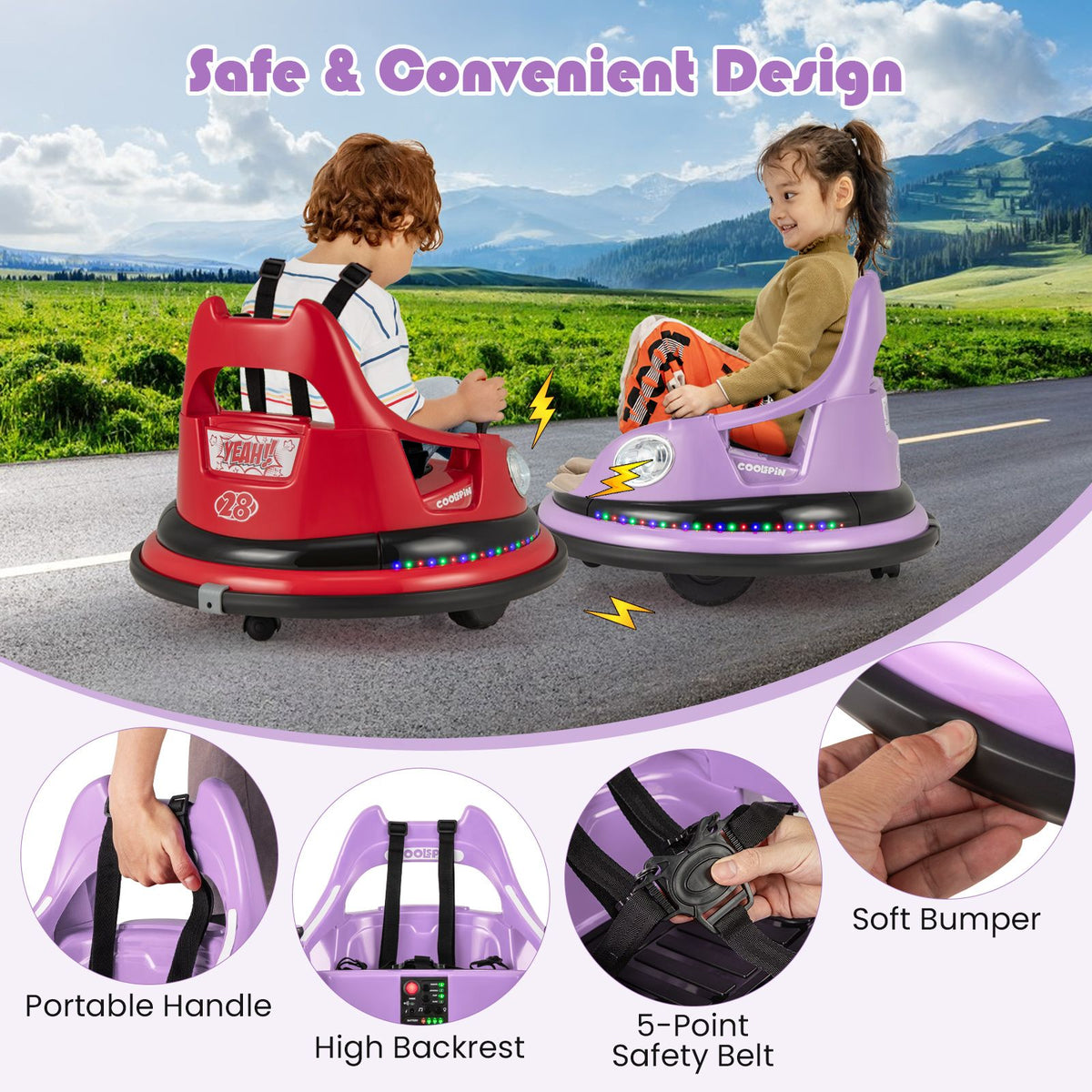 SEDOL 12V High-Performance Kids Bumper Car with 5-Point Safety Harness 360° Zero-Turn Dual Joysticks and 5-Mode LED Light Show – 12V Powered for Ages 3+