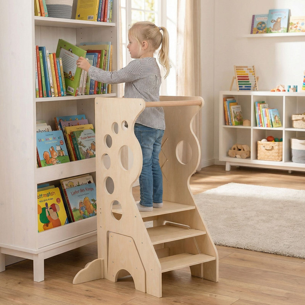 SEDOL 2-in-1 Montessori Convertible Learning Tower & Weaning Table Set with Nested 2-Step Stool, Removable Safety Bars and Integrated Line-Tracking Game