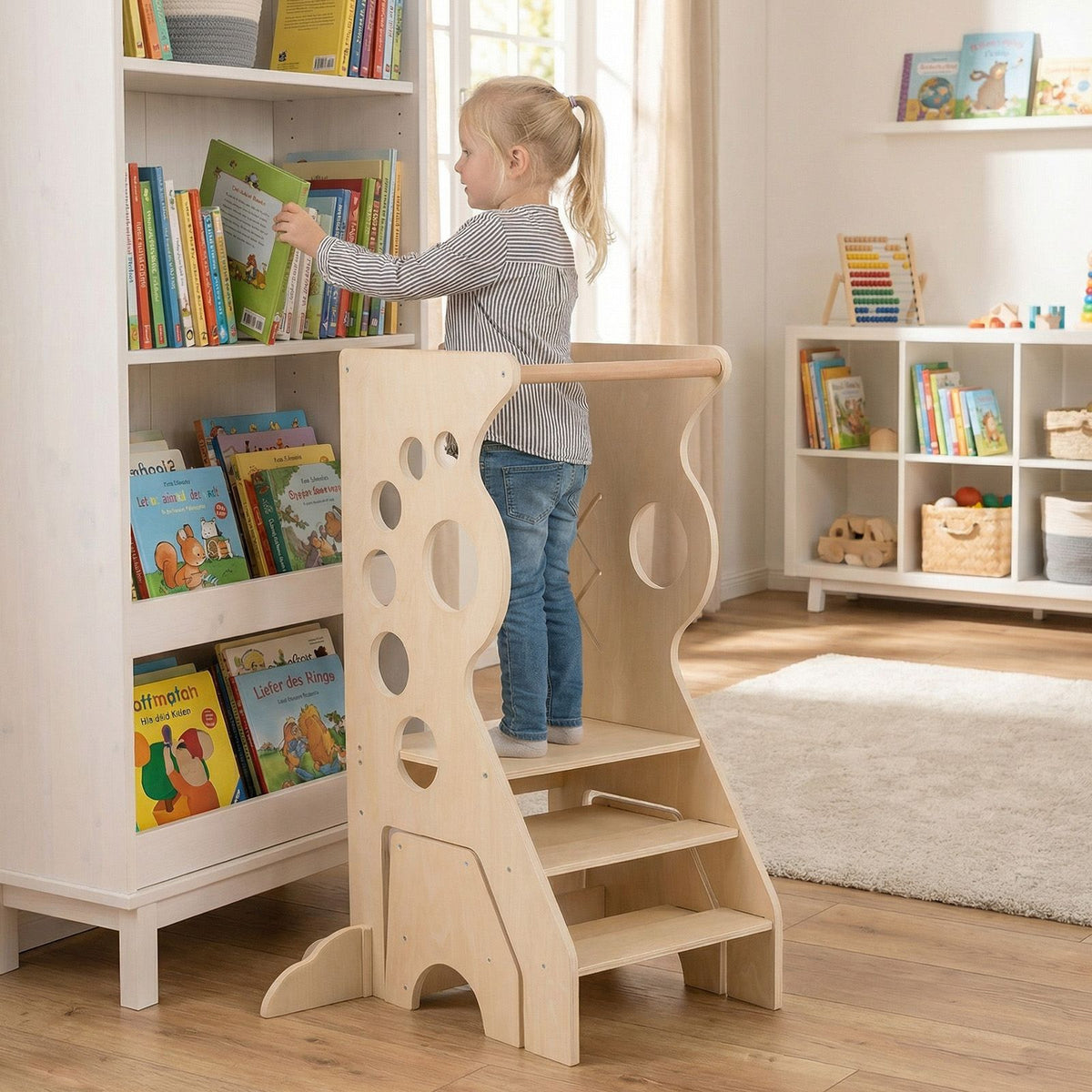 SEDOL 2-in-1 Montessori Convertible Learning Tower & Weaning Table Set with Nested 2-Step Stool, Removable Safety Bars and Integrated Line-Tracking Game