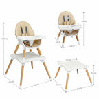 SEDOL 4-in-1 Mid-Century Modern Baby High Chair & Integrated Play Table Set with Solid Beech Legs 5-Point Safety Harness and Adjustable 4-Position Tray