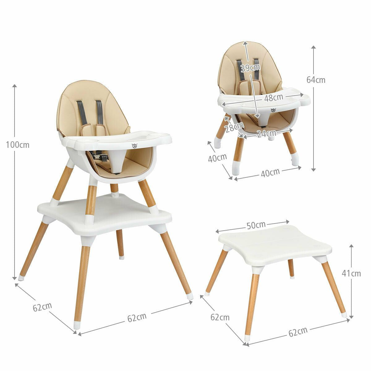 SEDOL 4-in-1 Mid-Century Modern Baby High Chair & Integrated Play Table Set with Solid Beech Legs 5-Point Safety Harness and Adjustable 4-Position Tray
