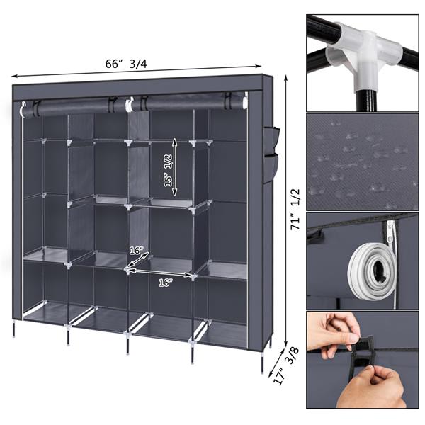 67" Portable Clothes Wardrobe – 12-Shelf Fabric Closet Organiser (Grey)