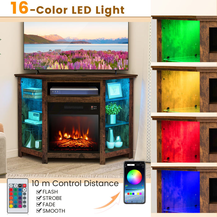 Corner TV Stand with Fireplace Insert and LED Lights